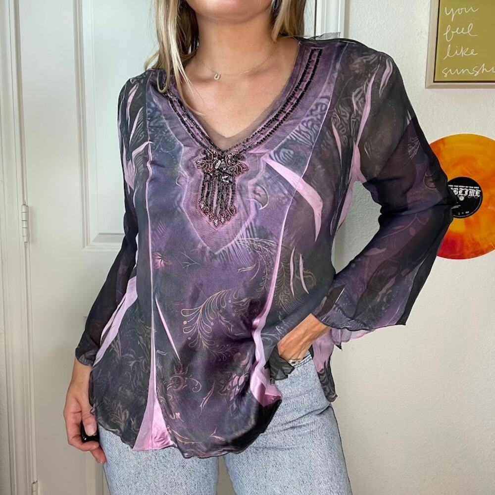 Vintage Y2K 2000s B.L.E.U Purple Fairy Flowy Beaded All Over Print Top Sz S